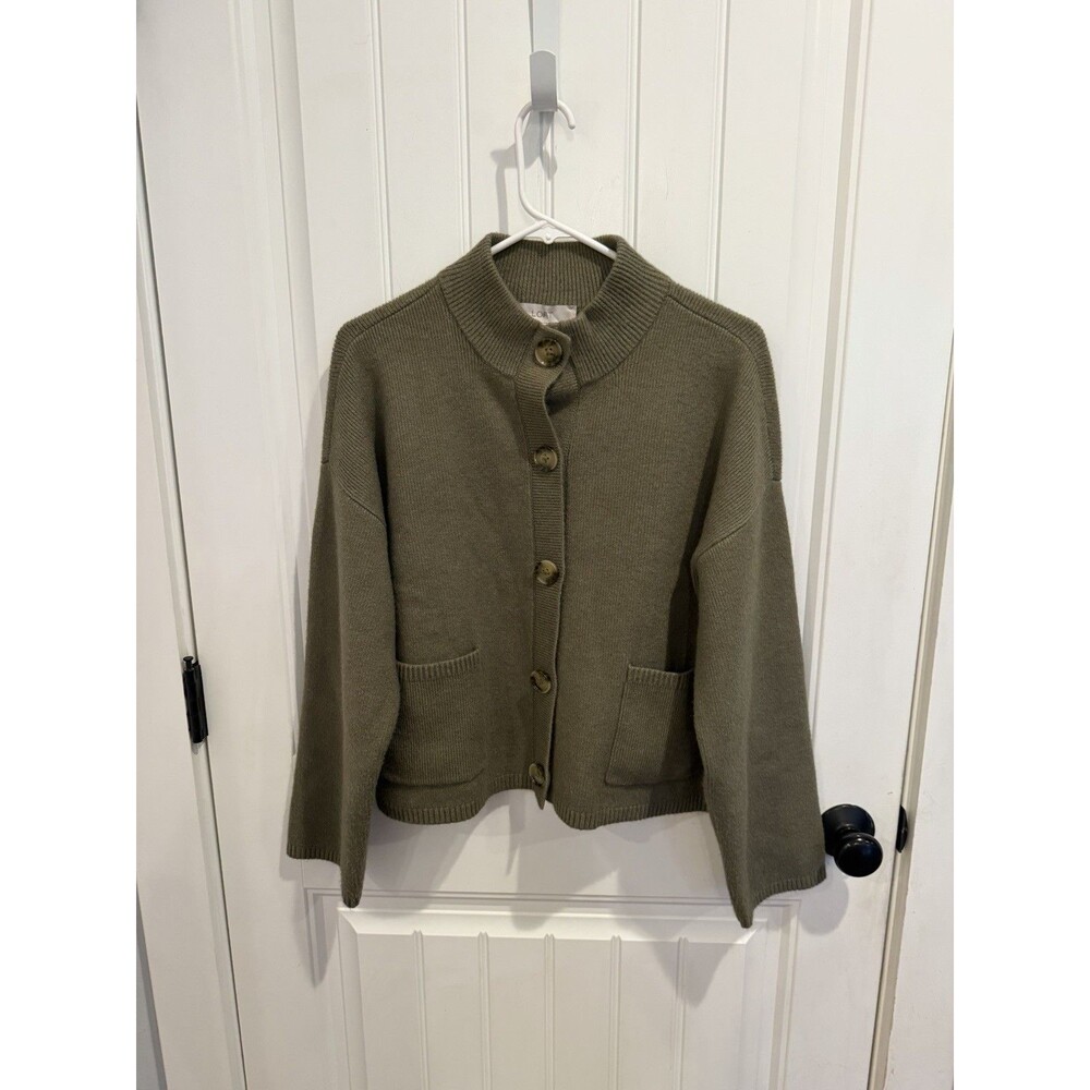 LOFT Womens Large Olive Green Button Front Cardigan Sweater Jacket Wool Blend